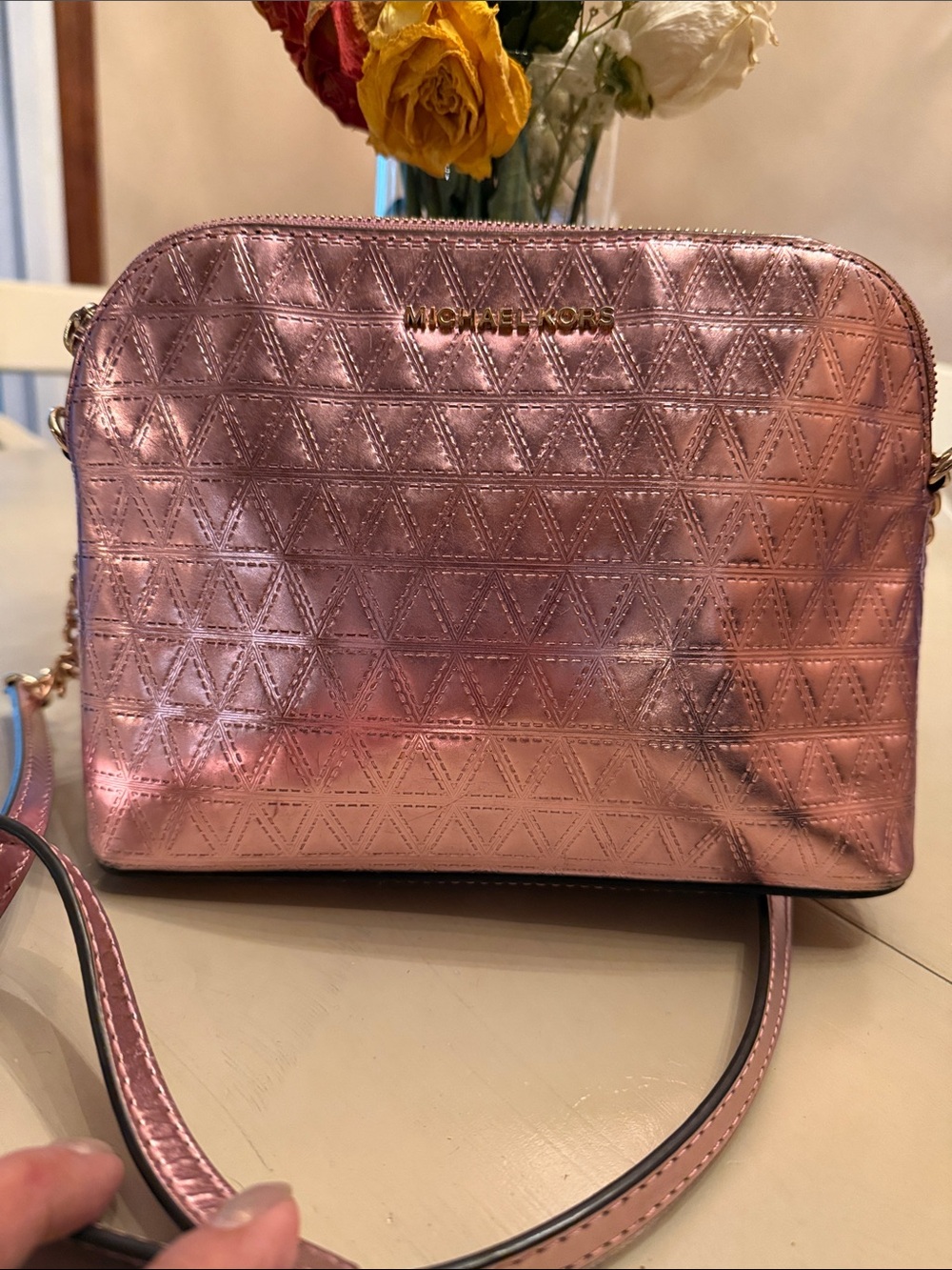 Michael Kors Large Dome Metallic Rose Quilted Leather Crossbody NWT